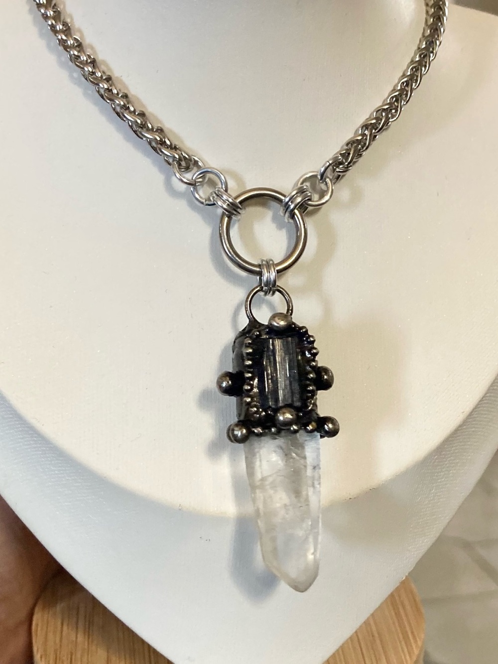Genuine clear crystal quartz & black tourmaline on wheat chain choker necklace - Picture 5 of 12